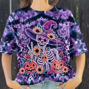 Women's Hippie Witch Skull Halloween T-shirt
