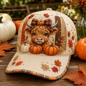 Unisex Vintage Autumn Cute Highland Cow Pumpkin Maple Leaf Art  Print Hat