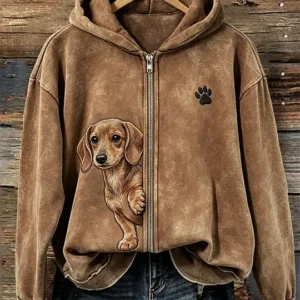 Women's Peeking Dachshund Dog & Paw Print Full Zip Hoodie