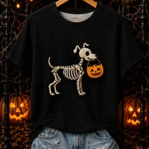Women's Off to Be Spooky Skeleton Dog T-shirt V10