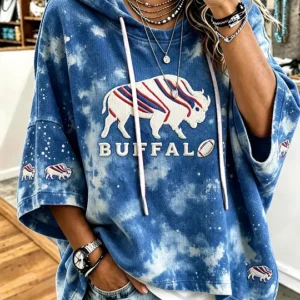 Women's Football Lover Buffalo Print Casual Short-Sleeve Hoodie